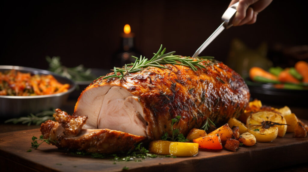 A carving knife expertly slicing into a roast turkey 