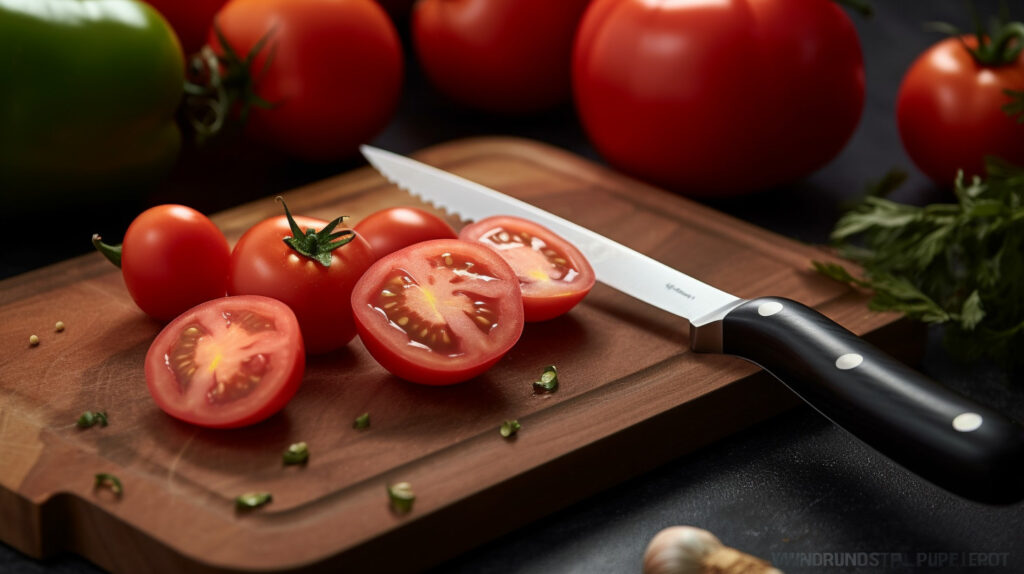 A ceramic knife showcasing its sharp edge and stain resistance with freshly cut tomatoes 