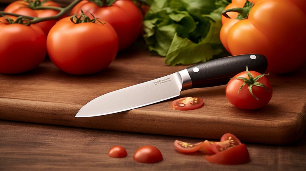 A ceramic knife showcasing its sharp edge and stain resistance with freshly cut tomatoes 