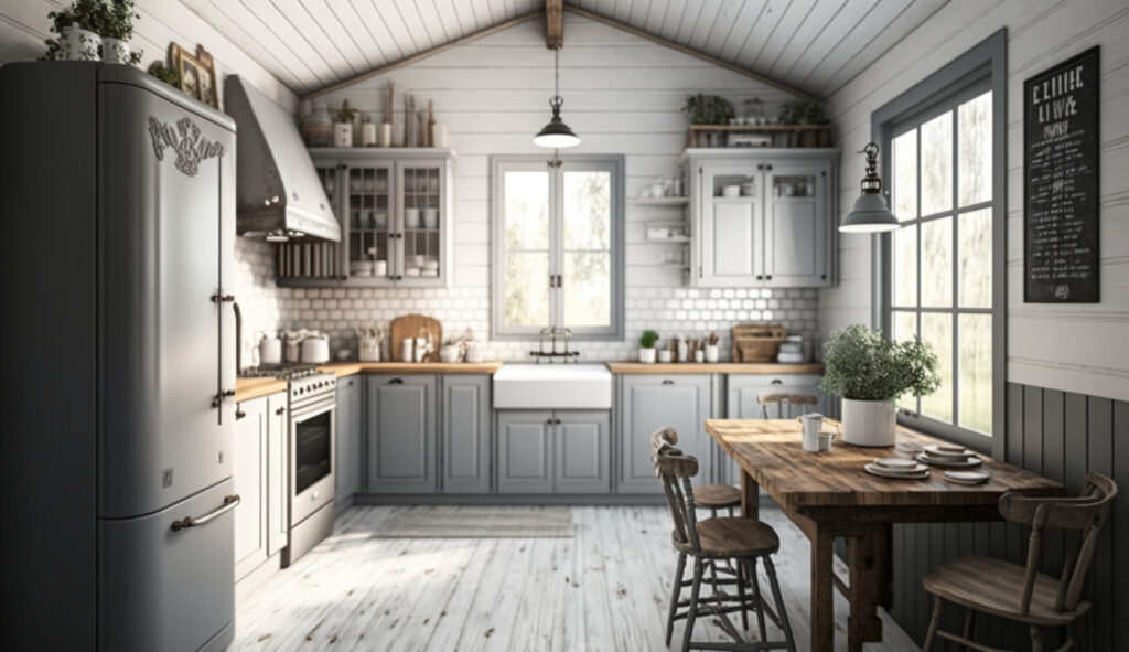 Một ngôi nhà bếp nông thôn màu trắng và xám quyến rũ với các tủ màu xám cũ kỹ, mặt đá gỗ, và trang trí cổ điển