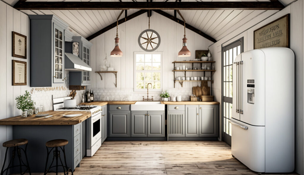 Một ngôi nhà bếp nông thôn màu trắng và xám quyến rũ với các tủ màu xám cũ kỹ, mặt đá gỗ, và trang trí cổ điển