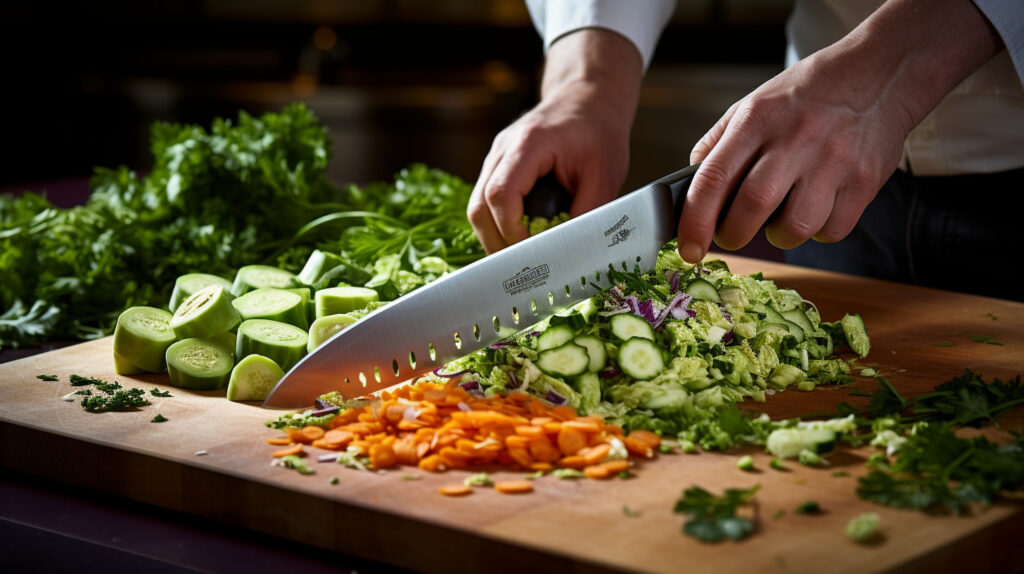 A chef’s knife in action, swiftly chopping up a variety of vegetable