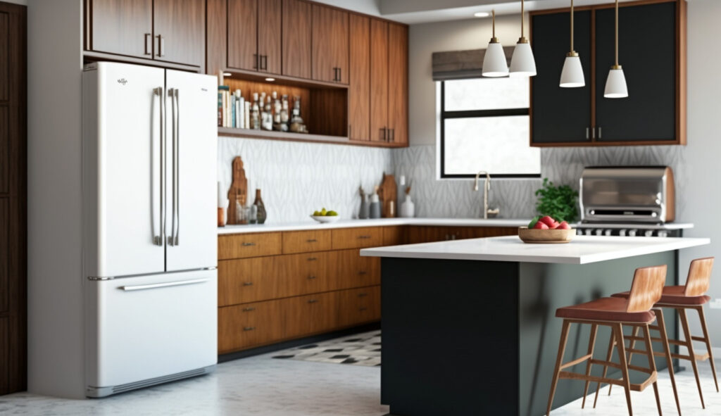 A close-up of a mid-century modern kitchen showcasing clean lines, geometric shapes, and sleek finishes