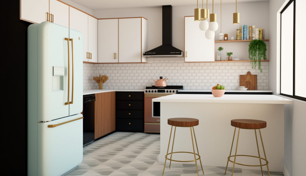 Cận cảnh một căn bếp phong cách mid-century modern, trình bày đường nét sạch, hình dạng hình học và các hoàn thiện mượt mà