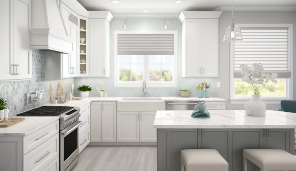 Một ngôi nhà bếp màu trắng và xám phong cách duyên hải với tủ màu trắng, mặt đá xám nhạt và lớp chống trầy xước kính, khơi dậy không khí bãi biển