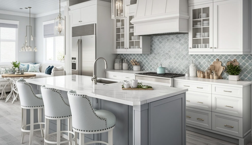 Una cucina bianca e grigia costiera con mobili bianchi, piani di lavoro grigi chiari e un rivestimento per il rivestimento in piastrelle di vetro che evoca un'atmosfera da spiaggia