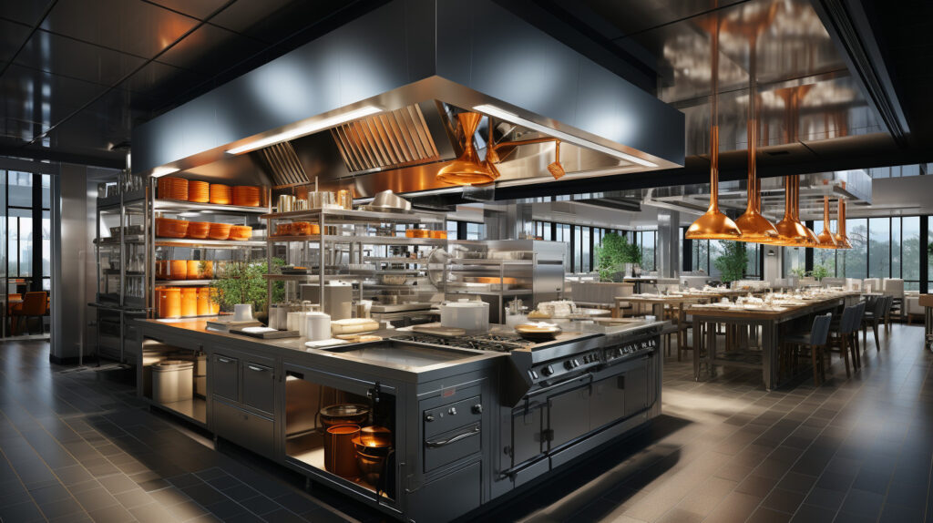 Un collage che mostra i vantaggi delle cucine industriali, come l'efficienza, la durabilità e l'attrattiva estetica, con immagini di una cucina elegante, materiali durevoli e un interno di stile