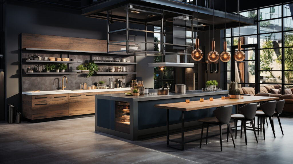 Một sự kết hợp nhằm mô tả các lợi ích của phòng bếp phong cách công nghiệp, chẳng hạn như hiệu quả, độ bền và sự hấp dẫn thẩm mỹ, với hình ảnh một phòng bếp lịch sự, các vật liệu bền và một không gian nội thất đẹp mắt