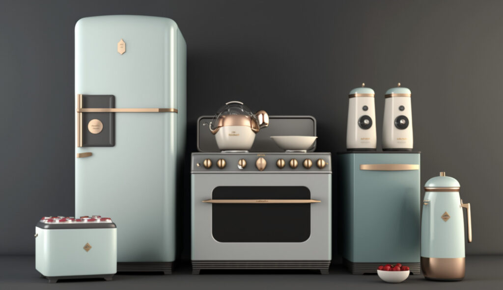 A collection of mid-century modern-inspired kitchen appliances in stainless steel finishes, showcasing their sleek and minimalist design