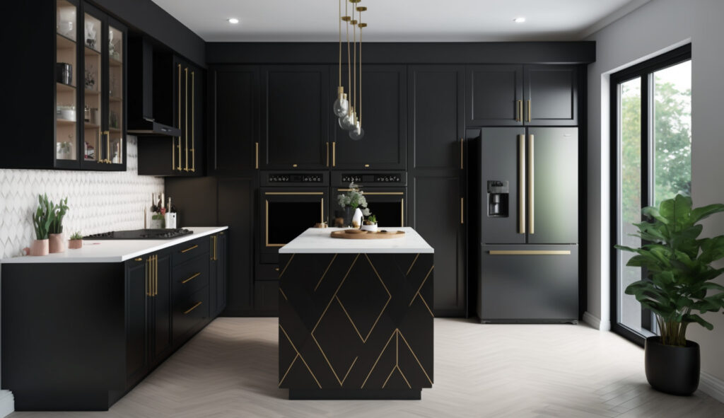 Một căn bếp màu đen hiện đại sang trọng với tủ màu đen gọn gàng, mặt đá quartz và thiết kế tối giản, tỏa ra sự tinh tế và sang trọng