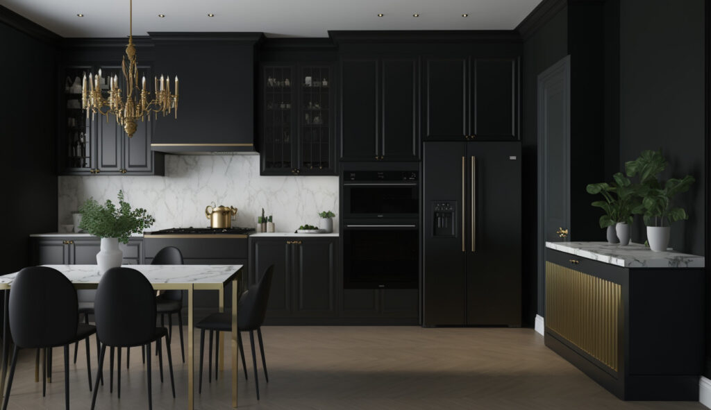 Một căn bếp màu đen hiện đại sang trọng với tủ màu đen gọn gàng, mặt đá quartz và thiết kế tối giản, tỏa ra sự tinh tế và sang trọng