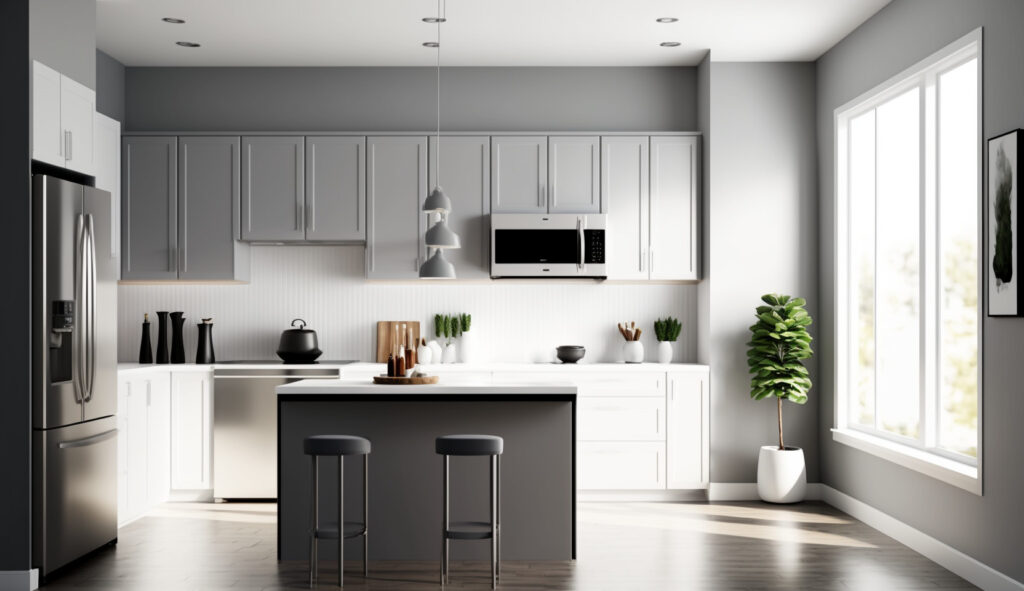 Một ngôi nhà bếp màu trắng và xám tối giản đương đại với những đường nét sạch sẽ, tủ màu trắng, mặt đá xám và trang trí tối giản