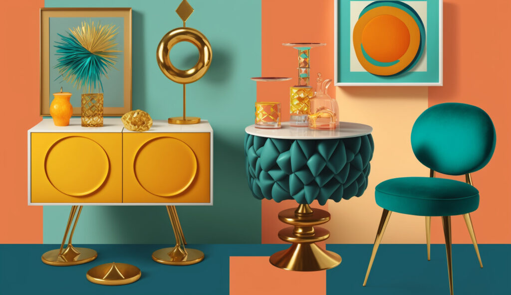 A curated collection of mid-century modern furniture and accessories, including iconic chairs, a bar cart, and vibrant artwork