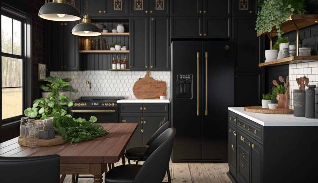 Una cucina nera dalla fusione rustica con armadi neri, accenti in legno e elementi di ispirazione vintage per un look affascinante ed eclettico