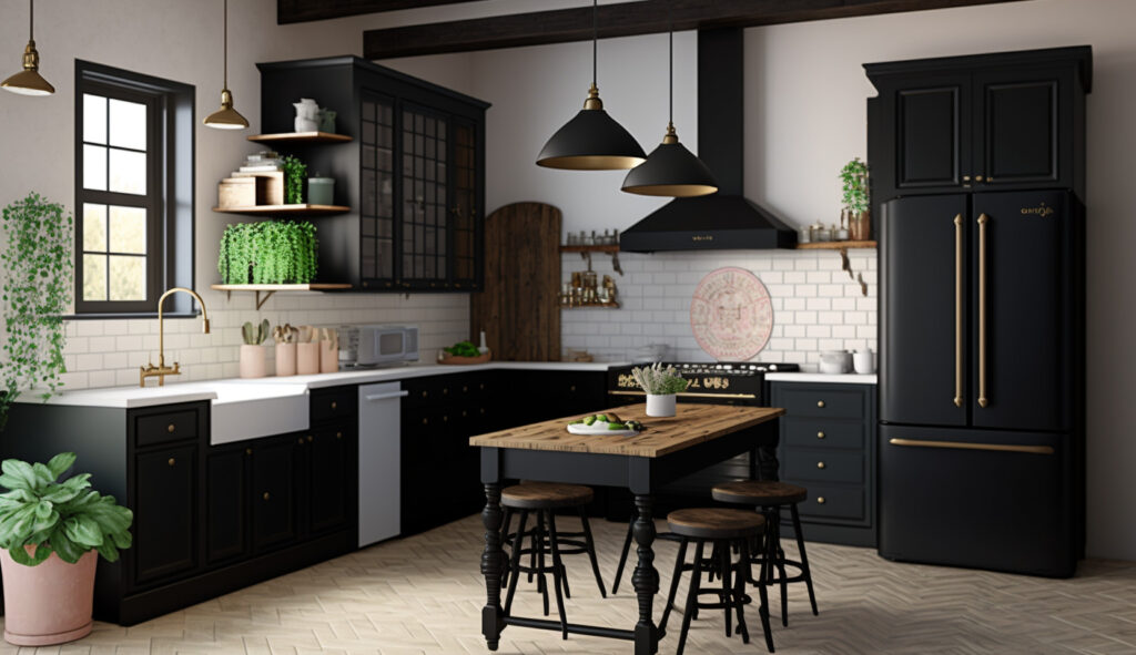 Una cucina nera dalla fusione rustica con armadi neri, accenti in legno e elementi di ispirazione vintage per un look affascinante ed eclettico