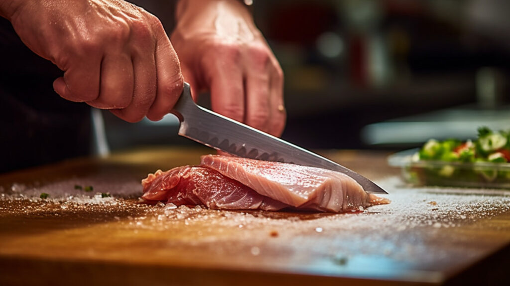 A filleting knife skillfully preparing a fresh fish fillet