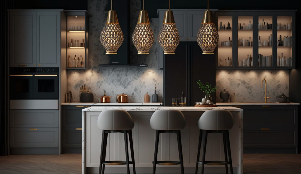 Un'isola da cucina adornata con eleganti luci a sospensione, che illuminano lo spazio con un tocco di eleganza