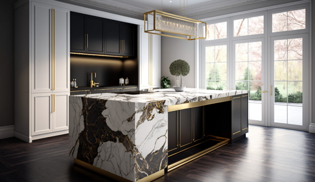 Một quầy đảo bếp trưng bày mặt bàn đá marble đẹp mắt, mang đến một yếu tố sang trọng cho không gian bếp