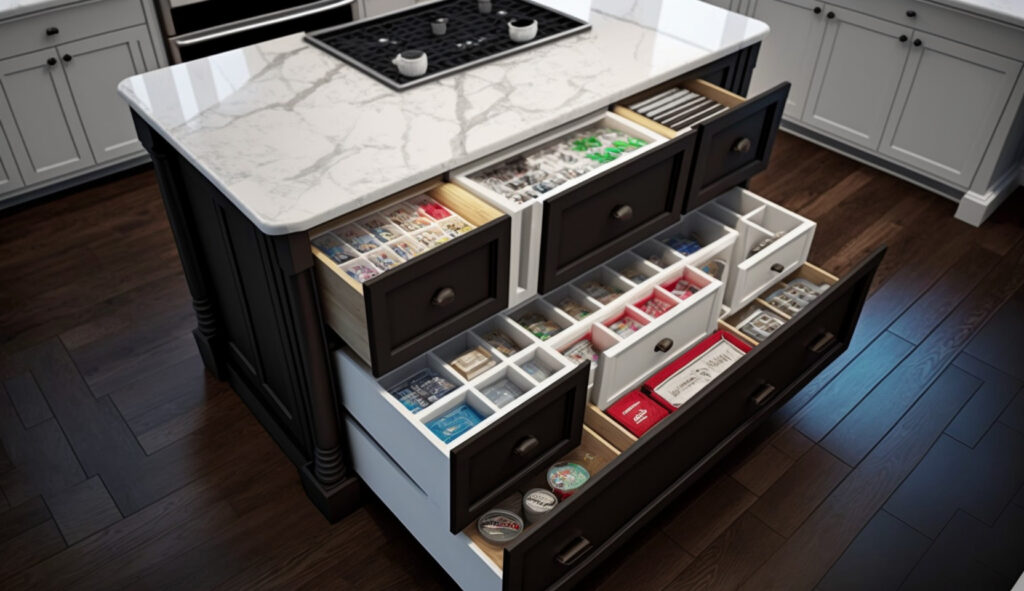 Un'isola da cucina con cassetti personalizzati con divisori e inserti, ottimizzando lo spazio di archiviazione e l'organizzazione