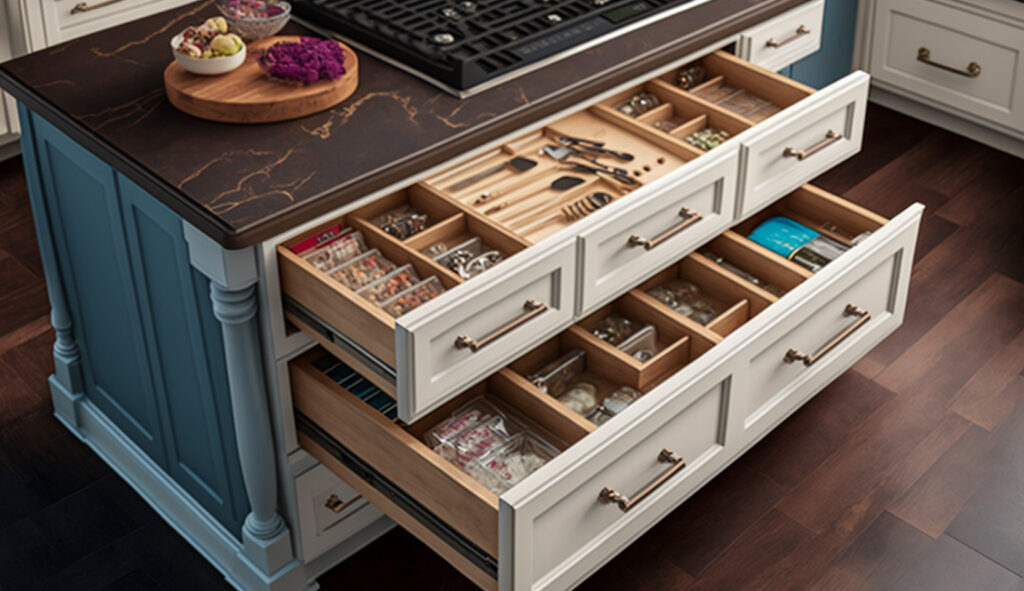 Một quầy đảo bếp trưng bày các ngăn kéo được tùy chỉnh với ngăn chia và các phụ kiện, tối ưu hóa lưu trữ và tổ chức