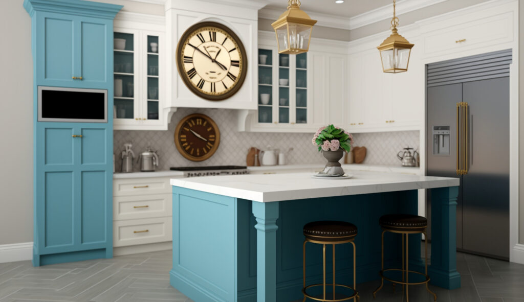 Một quầy đảo bếp trưng bày một chiếc đồng hồ trang trí, thêm một yếu tố quyến rũ và chức năng vào căn bếp