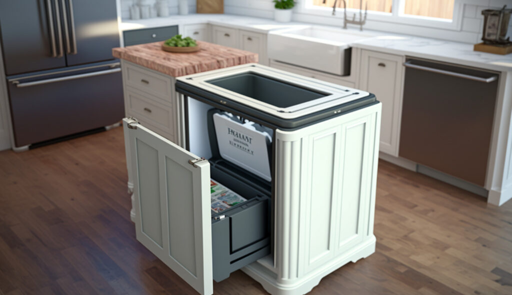Một quầy đảo bếp với máy rửa chén ẩn, giúp việc dọn dẹp sau bữa ăn trở nên dễ dàng