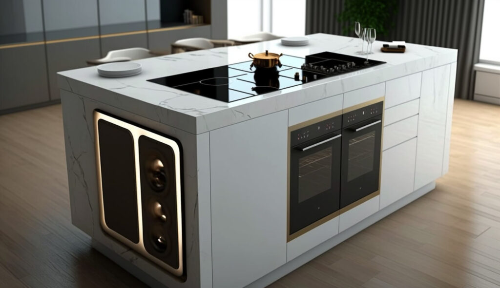 Một quầy đảo bếp với bếp nấu tích hợp mượt mà, tạo ra một không gian nấu nướng tiện lợi trong trái tim căn bếp
