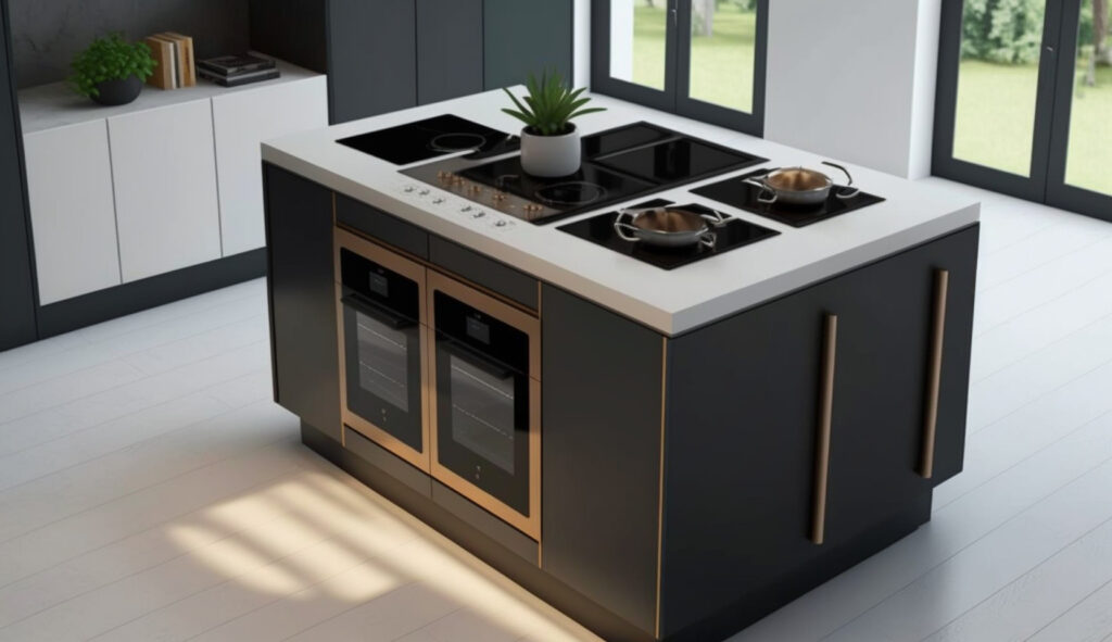 Một quầy đảo bếp với bếp nấu tích hợp mượt mà, tạo ra một không gian nấu nướng tiện lợi trong trái tim căn bếp