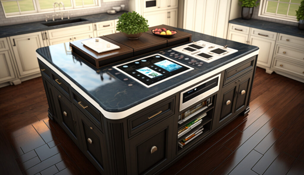 Một quầy đảo bếp với chậu rửa tích hợp, bếp nấu thứ cấp và không gian lưu trữ đầy đủ, mang lại tiện ích và chức năng