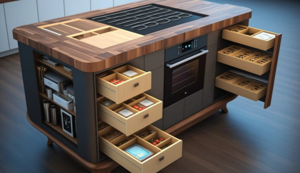 Un'isola da cucina con soluzioni di archiviazione intelligenti, tra cui scaffali incorporati e scomparti nascosti