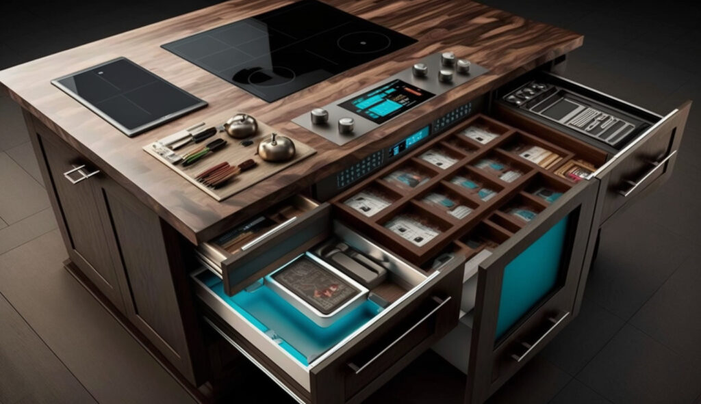 Một quầy đảo bếp với các ngăn giấu kín thiết kế thông minh, giữ cho mặt bàn sạch sẽ và gọn gàng