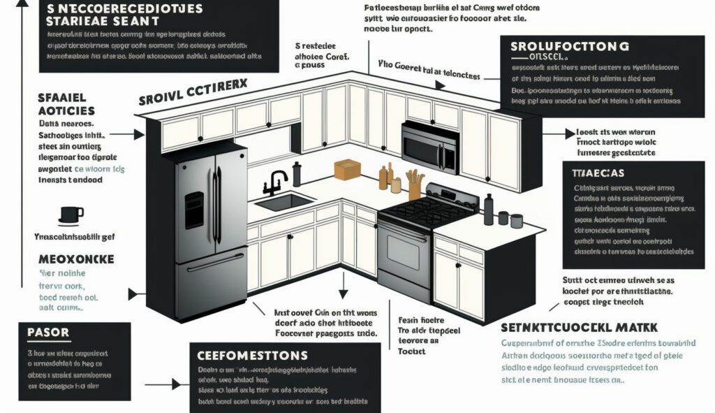 Sơ đồ được ghi chú tô đậm nhấn một số yếu tố chính và trạm làm việc trong một bếp chữ L như chậu rửa, bếp, tủ lạnh và không gian bếp nấu