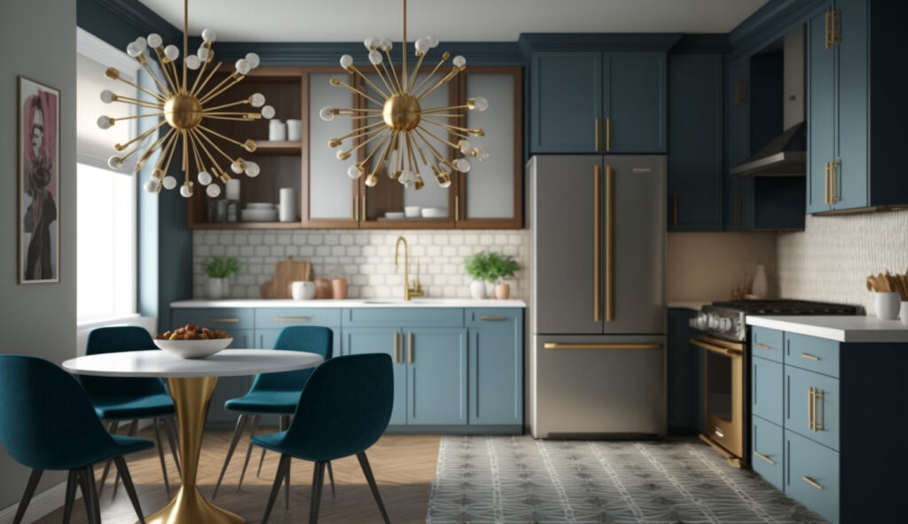 A mid-century modern kitchen with statement lighting fixtures, such as a Sputnik chandelier and pendant lights, creating a focal point and setting the ambiance