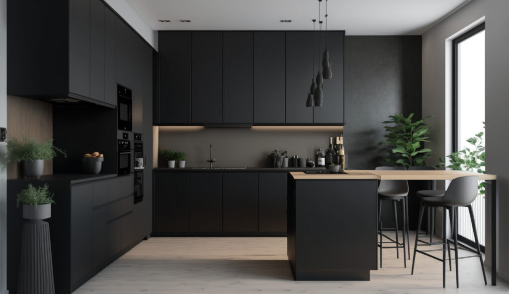 Una cucina nera minimalista chic con linee pulite, armadi senza maniglia e un design a concetto aperto