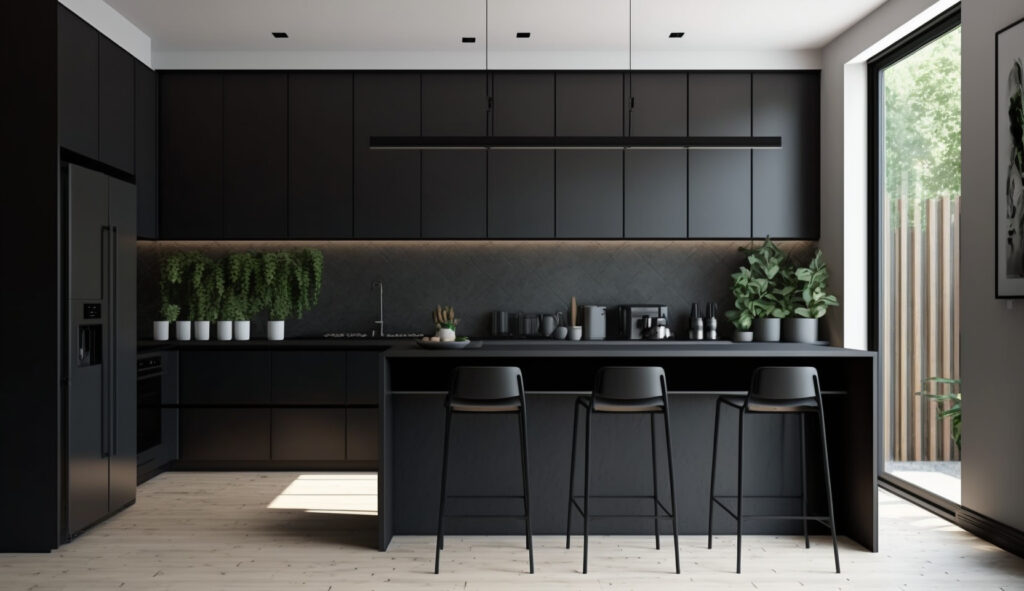 Một căn bếp màu đen tối giản thanh lịch với những đường nét sạch sẽ, tủ không cần tay cầm và một thiết kế mở