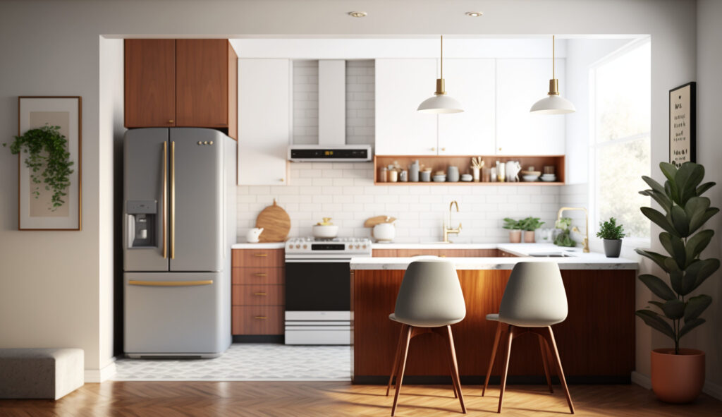 Một căn bếp phong cách mid-century modern tối giản với đường nét sạch sẽ, màu sắc trung tính và tập trung vào sự đơn giản và tính công dụng