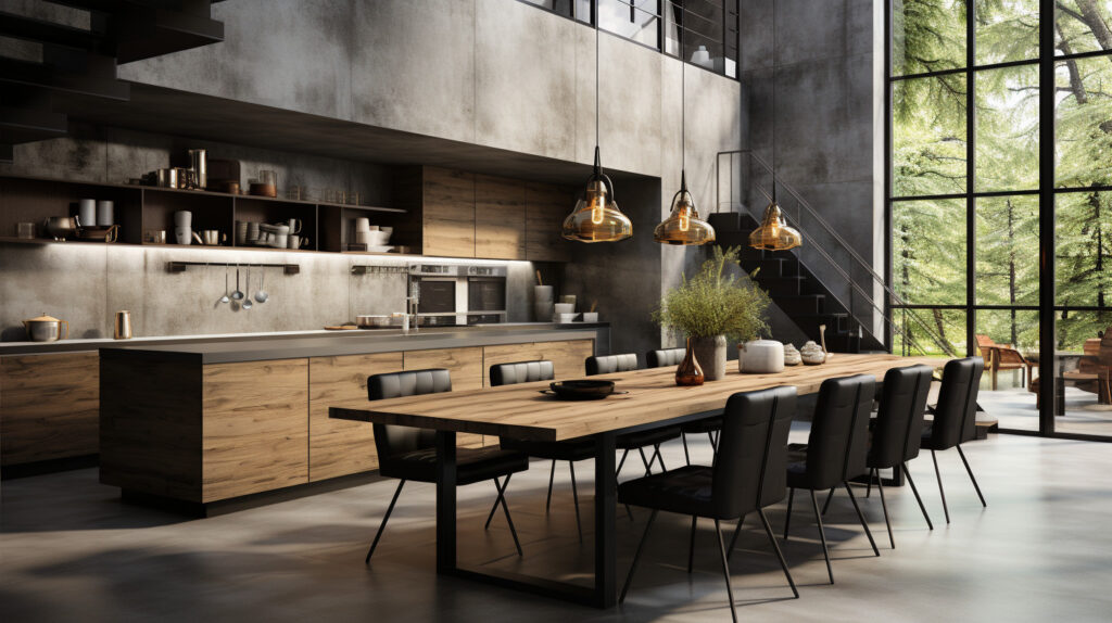 Thiết kế phòng bếp công nghiệp tối giản với các đường nét sạch sẽ, màu sắc trung tính, không gian mở và tập trung vào tính năng và sự đơn giản