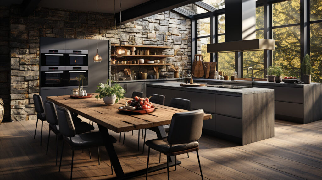 Thiết kế phòng bếp phong cách công nghiệp hiện đại và thanh lịch với các thiết bị bằng thép không gỉ, trang trí tối giản và một đảo bếp bằng đá là tâm điểm
