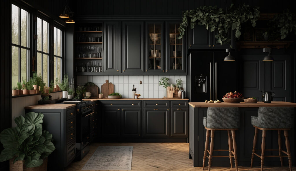 Một căn bếp màu đen phong cách nông thôn hiện đại với tủ màu đen, chậu nông thôn và các yếu tố gỗ thô, tạo nên một không gian ấm cúng và đáng mời