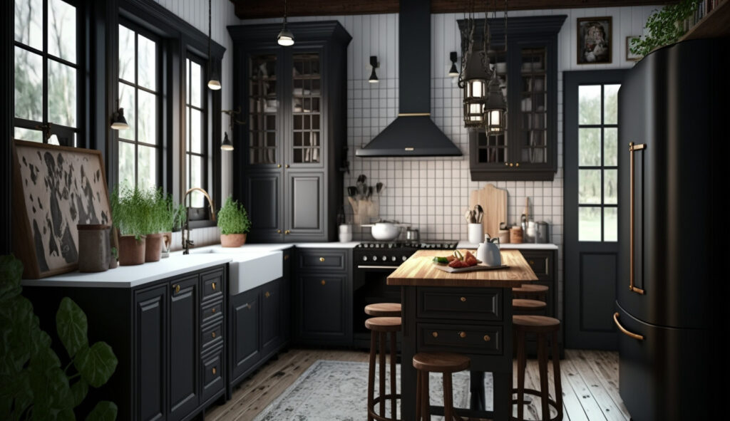 Một căn bếp màu đen phong cách nông thôn hiện đại với tủ màu đen, chậu nông thôn và các yếu tố gỗ thô, tạo nên một không gian ấm cúng và đáng mời