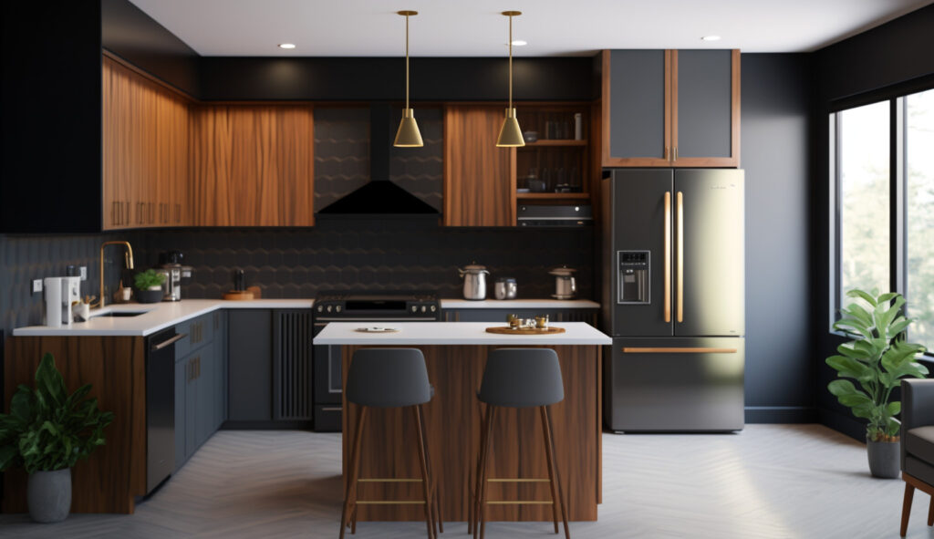 A modern kitchen design with sleek lines, minimalist aesthetics, and contemporary finishes, showcasing the influence of mid-century modern style