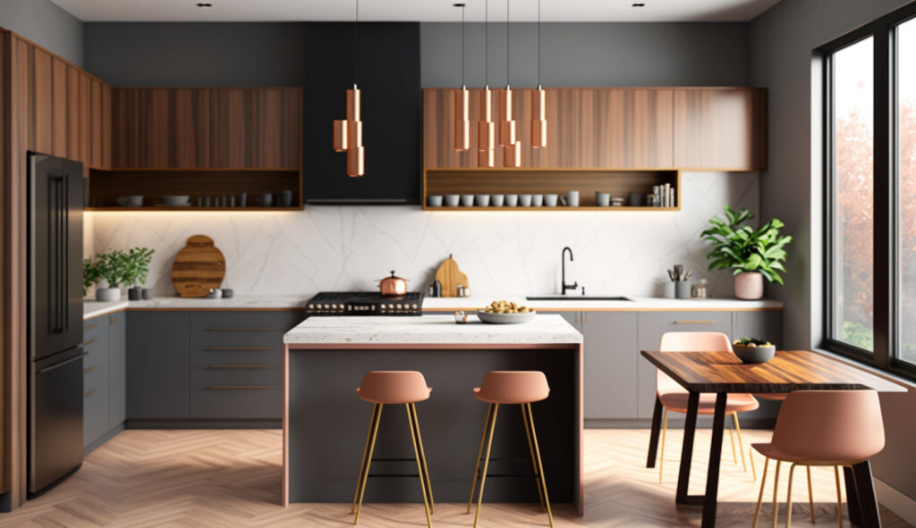 Thiết kế căn bếp hiện đại với những đường thẳng gọn gàng, thẩm mỹ tối giản và hoàn thiện đương đại, thể hiện sự ảnh hưởng của phong cách mid-century modern
