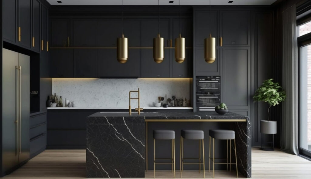 Một ngôi nhà bếp màu đen hiện đại tuyệt vời với những tủ đen bóng, một bàn đá cẩm thạch và đèn treo hiện đại