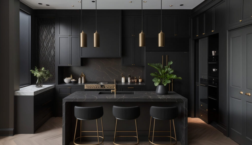 Una meraviglia moderna di una cucina nera con eleganti armadi neri, un'isola cucina in pietra e luci a sospensione contemporanee