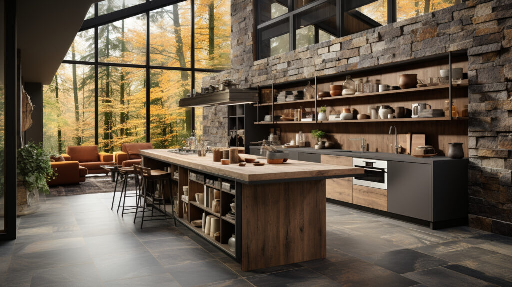A modular industrial kitchen showcasing the flexibility and customization options, with interchangeable cabinets, open shelving, and a stone kitchen island