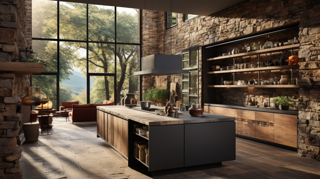 Una cucina industriale modulare che mostra la flessibilità e le opzioni di personalizzazione, con armadi intercambiabili, mensole aperte e un'isola da cucina in pietra