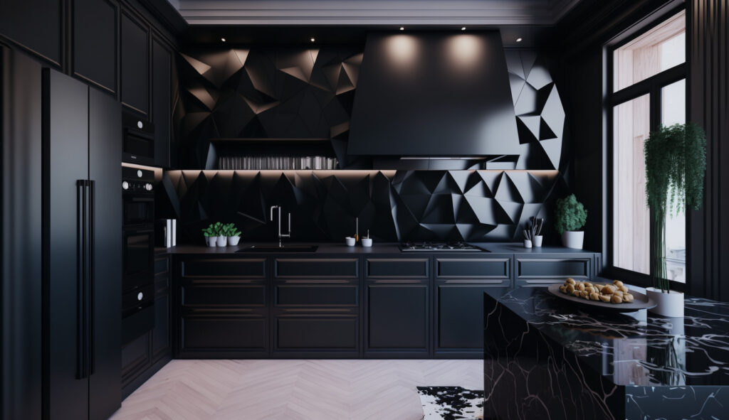 Một căn bếp màu đen thần kỳ đơn sắc với tủ bếp, mặt bàn và lớp vật liệu chống bắn đen, tạo ra một không gian mượt mà và tinh tế
