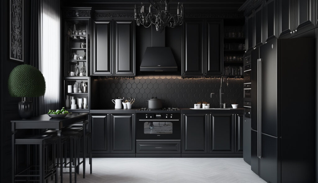 Una cucina nera dalla magia monocromatica con armadi, piani di lavoro e paraspruzzi neri, creando uno spazio elegante e sofisticato