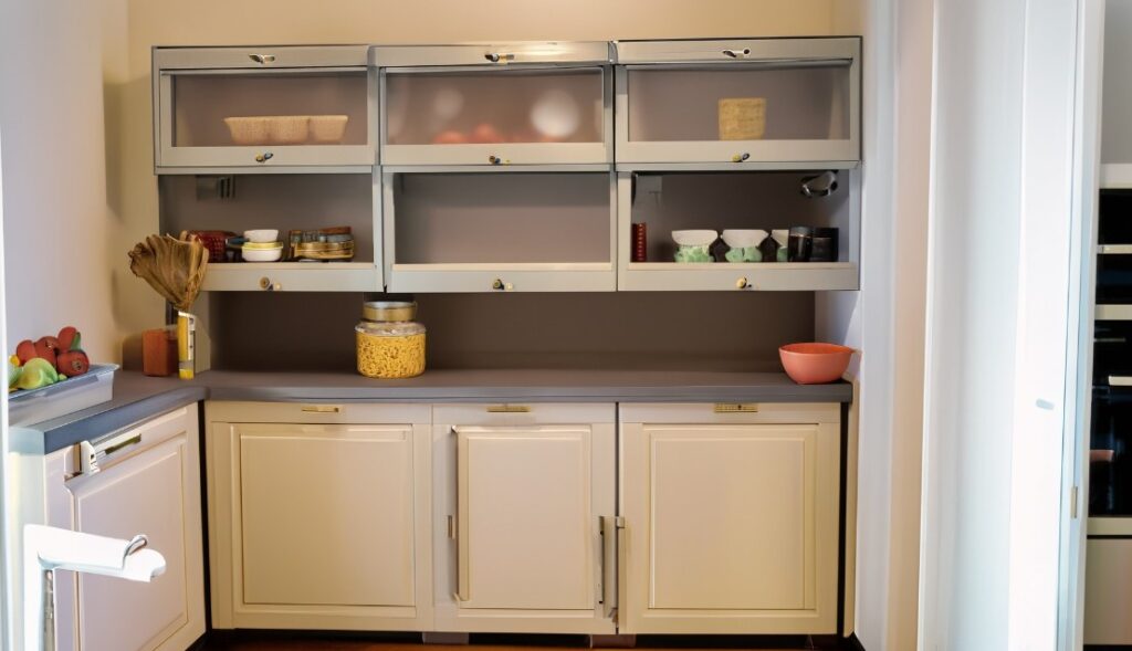 A pantry cabinet in a kitchen setting