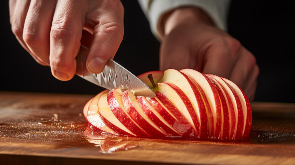 A paring knife skillfully peeling an apple